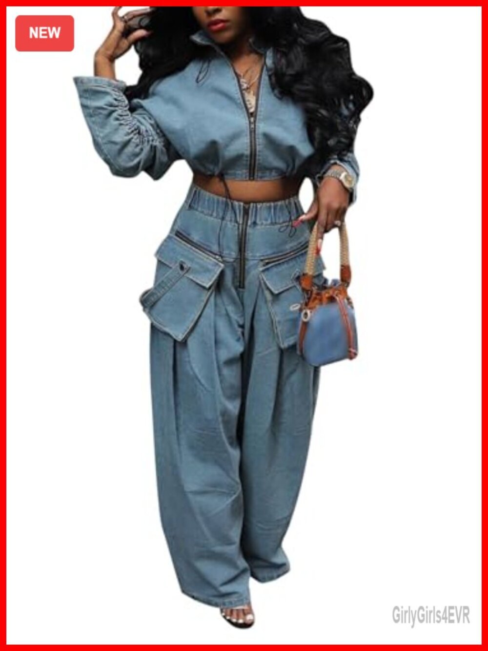 Y2K Denim 2 Piece Outfit: Crop Jacket & Baggy Cargo Jeans